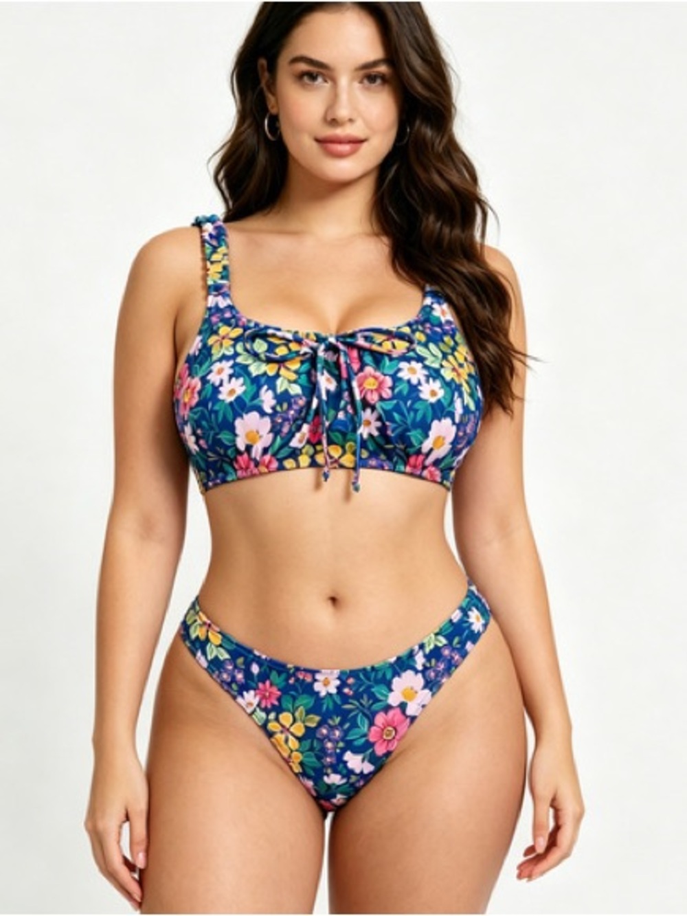 Floral Tie-Front Bikini Top and Bottom Set - Navy Floral